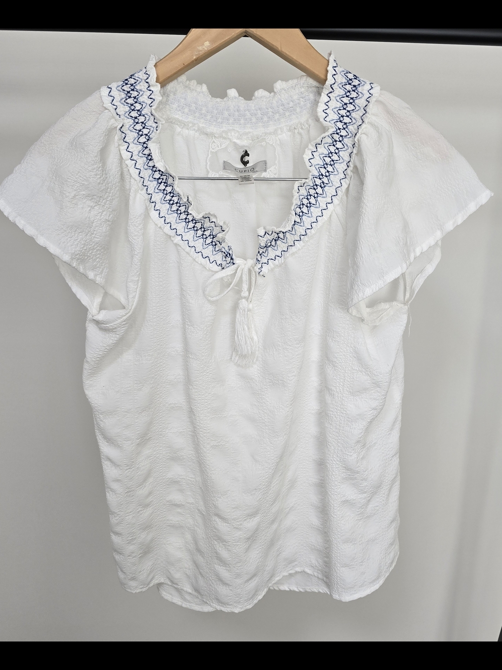 Cupio White Peasant Blouse with Navy Embroidery